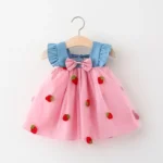 Summer New Girls' Little Flying Sleeve Dress Children's Bow Strawberry Embroidery Mesh Spliced Denim Princess Dress