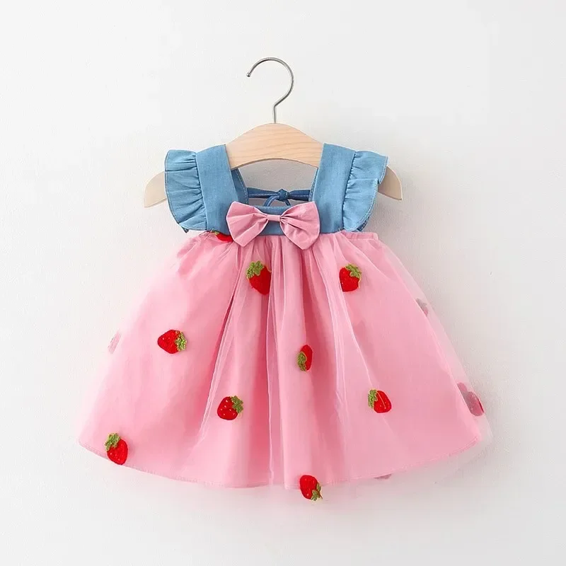 S7bb3bcaaafc641adab7cd2c4fdff6d98i.webp Summer New Girls' Little Flying Sleeve Dress Children's Bow Strawberry Embroidery Mesh Spliced Denim Princess Dress - Image 1