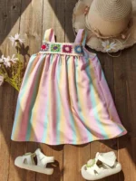⁦Baby Girl Casual Dress 2025 Summer Sweet And Cute Rainbow Striped And Flower Printed Pattern Sleeveless Halter Children's Dress⁩ - الصورة ⁦2⁩