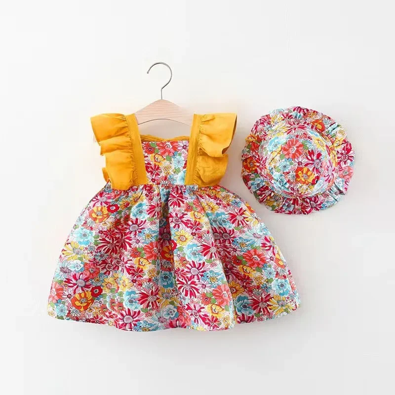 Sae4572ba3424446ca527a42a1d4b05deR.webp Summer New Girl Baby Strap Dress Fragmented Flower Children's Sleeveless Princess Dress 0-3 Year Old Newborn Comes with Hat - Image 1