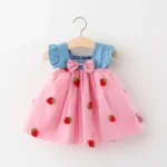 ⁦Summer New Girls' Little Flying Sleeve Dress Children's Bow Strawberry Embroidery Mesh Spliced Denim Princess Dress⁩ - الصورة ⁦8⁩