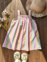 ⁦Baby Girl Casual Dress 2025 Summer Sweet And Cute Rainbow Striped And Flower Printed Pattern Sleeveless Halter Children's Dress⁩ - الصورة ⁦3⁩