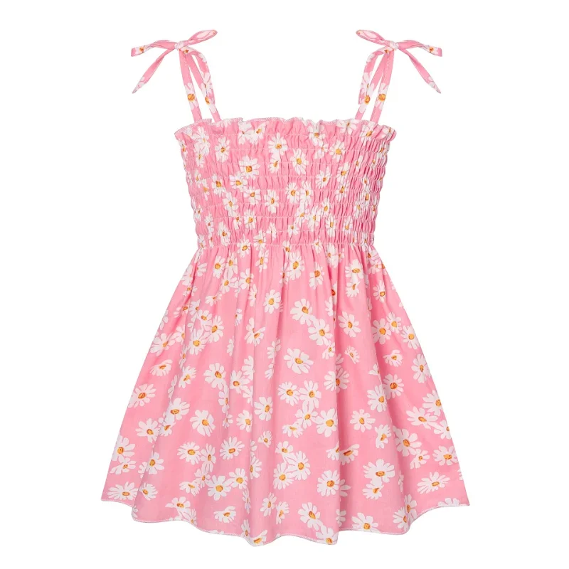Sef16c818850845c6bbeeef5a19716aca3-1.webp 2025 Summer Girls Princess Beach Dress Strapless Floral Print Sleeveless Party Wear Toddler Solid Color Casual Fashion 1-6Y - الصورة 1