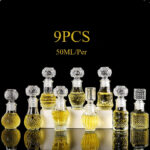 50ml/1.7oz capacity 9pcs set of transparent glass essential oil perfume portioning bottles, engraved and decorated perfume containers with sealed LIDS, suitable for home decoration and gifts, odorless and refillable