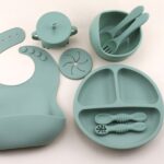 ⁦9pcs Silicone Baby Feeding Set - Weaning Guide Kit with Suction Bowl, Divided Plate, Toddler Self-Feeding Plate, Spoon, Fork, Adjustable Bib, and Sippy Cup for Infants and Toddlers⁩ - الصورة ⁦2⁩