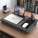 Laptop lap stand, portable laptop table, lap pad tray with wrist rest, mouse pad, tablet and phone slots, portable handle, cushion