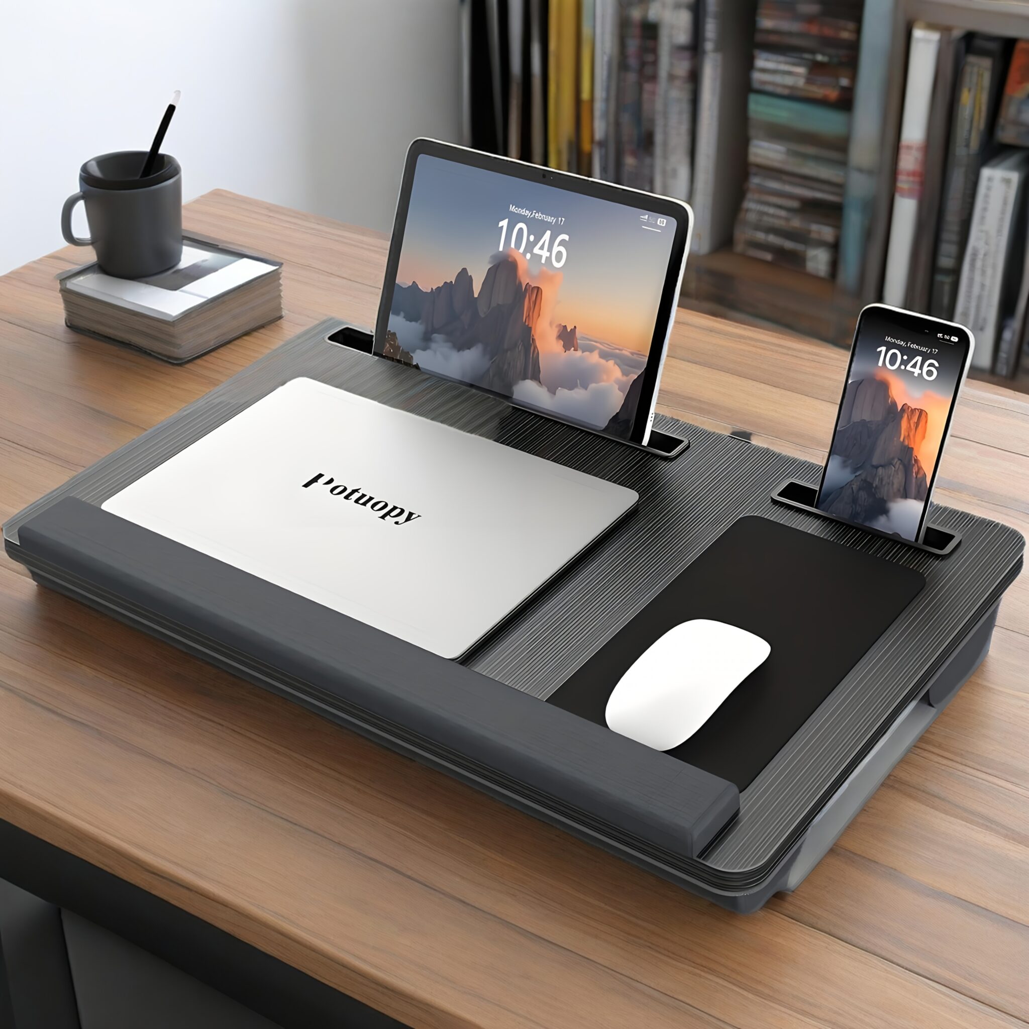b9cf5bc0-f03c-4917-8e47-37eae68b07c4.jpg Laptop lap stand, portable laptop table, lap pad tray with wrist rest, mouse pad, tablet and phone slots, portable handle, cushion - الصورة 1