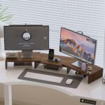 ⁦Dual Monitor Desk Mount Stand with Height Adjustment, Extended Width - Space-Saving Dual Screen Organizer, Laptop Holder, Cup & Stationery Storage - Sturdy Recycled Wood Construction for Home Office, Workspace - Minimalist Modern Desk Setup, Contemporary⁩ - الصورة ⁦5⁩
