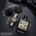 3pcs Vintage Gentleman Essential Set, Black Decorated Glasses + Large Dial Easy-to-Read Stainless Steel Quartz Watch with Calendar Display + Perfume, Suitable for Various Occasions, Perfect Birthday Gift for Him