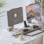 ⁦Dual Monitor Desk Mount Stand with Height Adjustment, Extended Width - Space-Saving Dual Screen Organizer, Laptop Holder, Cup & Stationery Storage - Sturdy Recycled Wood Construction for Home Office, Workspace - Minimalist Modern Desk Setup, Contemporary⁩ - الصورة ⁦3⁩