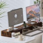 ⁦Dual Monitor Desk Mount Stand with Height Adjustment, Extended Width - Space-Saving Dual Screen Organizer, Laptop Holder, Cup & Stationery Storage - Sturdy Recycled Wood Construction for Home Office, Workspace - Minimalist Modern Desk Setup, Contemporary⁩ - الصورة ⁦6⁩