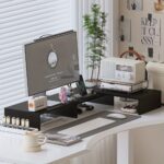 Dual Monitor Desk Mount Stand with Height Adjustment, Extended Width - Space-Saving Dual Screen Organizer, Laptop Holder, Cup & Stationery Storage - Sturdy Recycled Wood Construction for Home Office, Workspace - Minimalist Modern Desk Setup, Contemporary