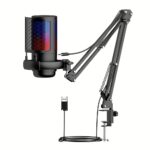 RGB 7-Color LED Condenser Microphone with Headphone Jack & Mic Gain Function, USB-C Omnidirectional Mic for Gaming, Singing, Karaoke, Video Conferencing, Streaming - USB Powered, ≤36V, No Battery Required